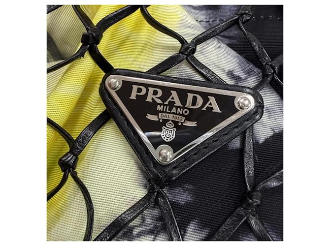 Prada 1BC072 Triangle Logo Leder Mesh Tote Bag Schwarz Gelb - Ansicht 8