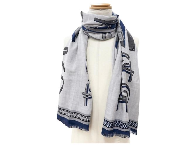 Hermès Stola in cashmere e seta Hermes Rectangle Lettre Equestre Marrone Blu navy - vista 2