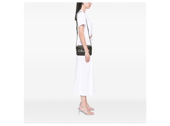 Céline Celine Black Medium Triomphe Coated Canvas Logo Crossbody Nero - vista 6