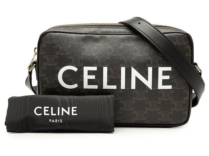 Céline Celine Black Medium Triomphe Coated Canvas Logo Crossbody Nero - vista 7