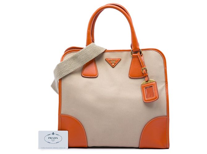 Borsa Prada in tela Canapa beige con bordi in Saffiano - vista 7