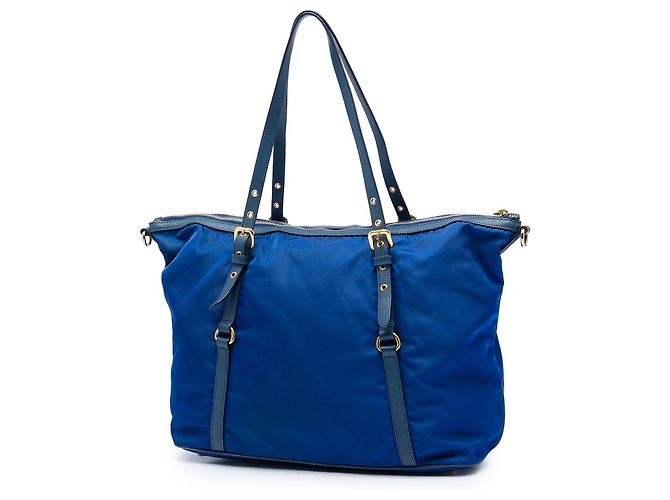 Borsa Tote Convertible Prada Blue Saffiano Trimmed Tessuto Zip Top - vista 2