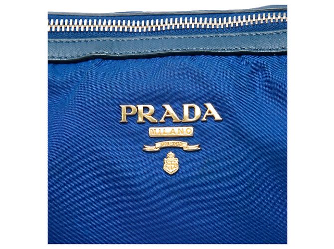 Borsa Tote Convertible Prada Blue Saffiano Trimmed Tessuto Zip Top - vista 5
