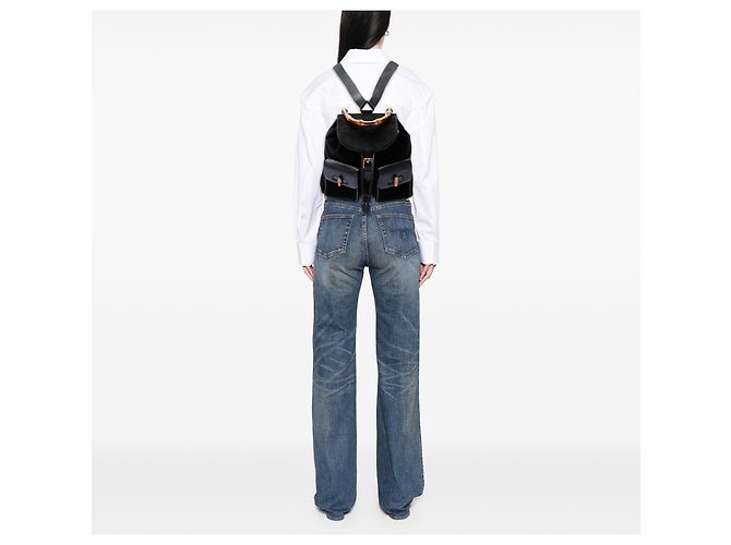 Bamboo Zaino Gucci in scamosciato nero con dettagli in bambù - vista 6