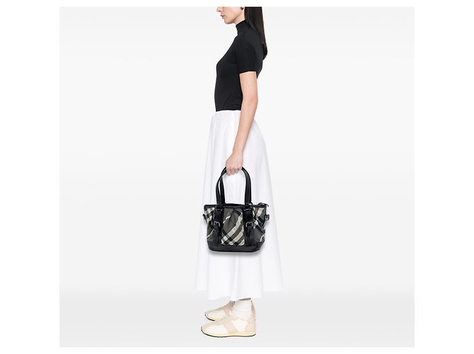 Borsa Satchel Lowry in nylon e vernice con motivo Beat Check grigio Burberry - vista 6