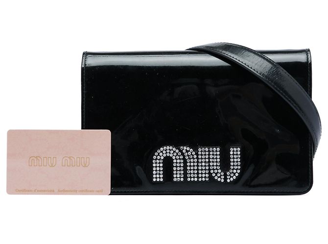 Portafoglio con catena e logo decorato con cristalli in vernice nera Miu Miu Nero - vista 7
