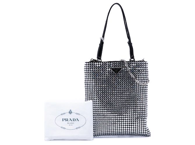 Prada Black Satin Crystal Embellished Chain Flat Tote Schwarz - Ansicht 7