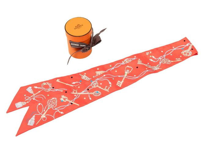 Hermès Pañuelo Twilly Hermes Les Clés à Pois Rosa - vista 5