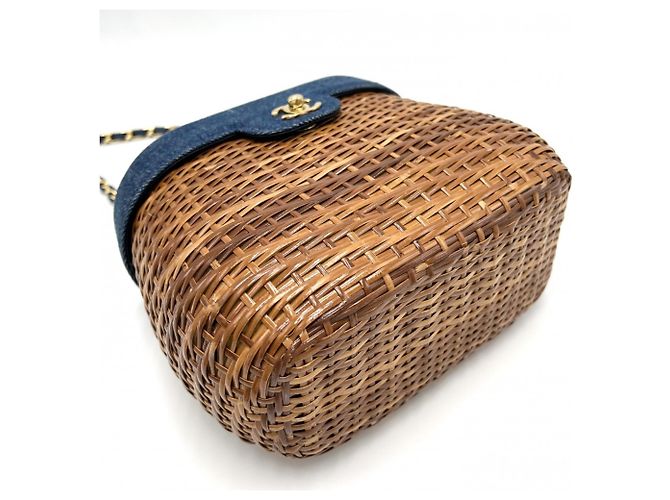 Borsa a tracolla in paglia e denim da donna Chanel Marrone Blu - vista 3