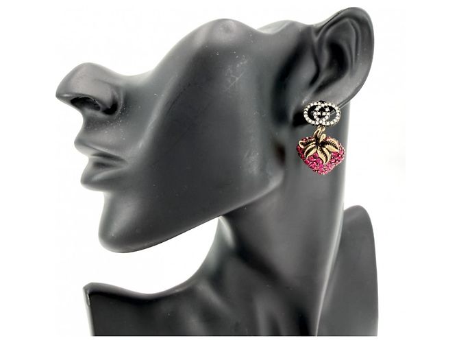 Gucci Erdbeer-Motiv Stecker-Ohrringe Pink Golden - Ansicht 2
