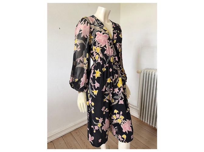 Diane Von Furstenberg Mono de Seda Estampado Floral Negro Rosa Amarillo - vista 3