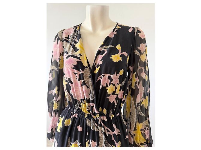 Diane Von Furstenberg Mono de Seda Estampado Floral Negro Rosa Amarillo - vista 4