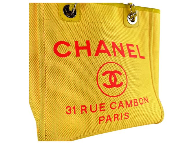 Borsa CHANEL Deauville PM in tela Rosa Giallo - vista 11