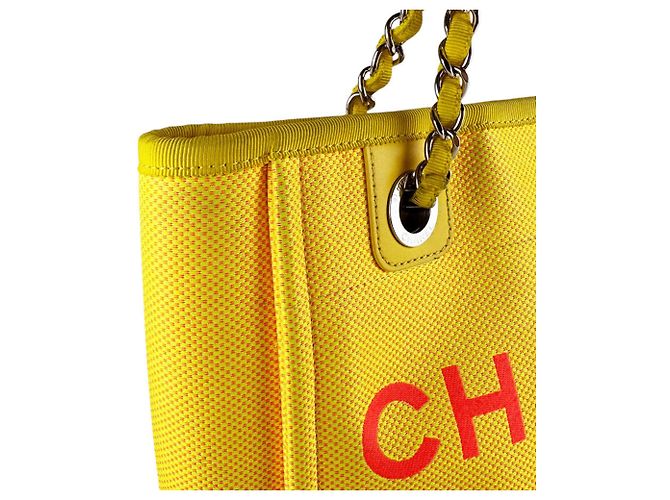 Borsa CHANEL Deauville PM in tela Rosa Giallo - vista 7