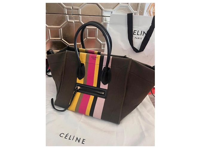 Céline Celine Luggage Borsa Tote in tela Nero Rosa Verde Giallo - vista 2