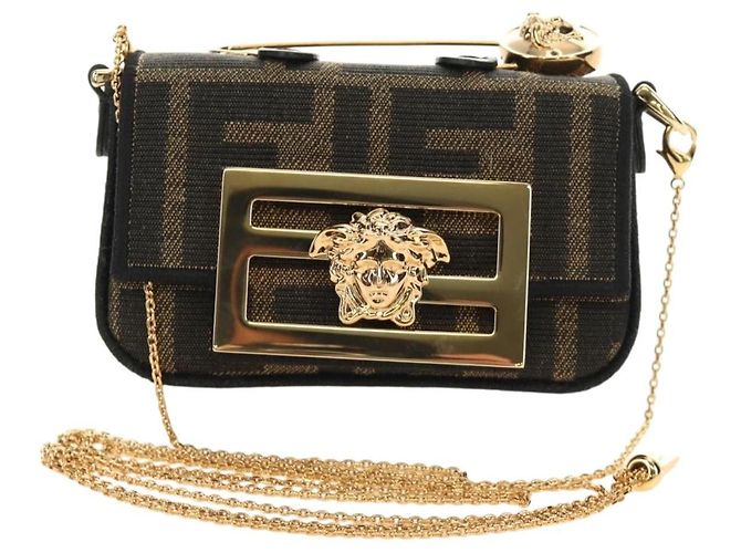 FENDI FENDACE Nano Baguette Chain Shoulder Pouch Black Brown Auth 190223SAM Marrone Nero - vista 13