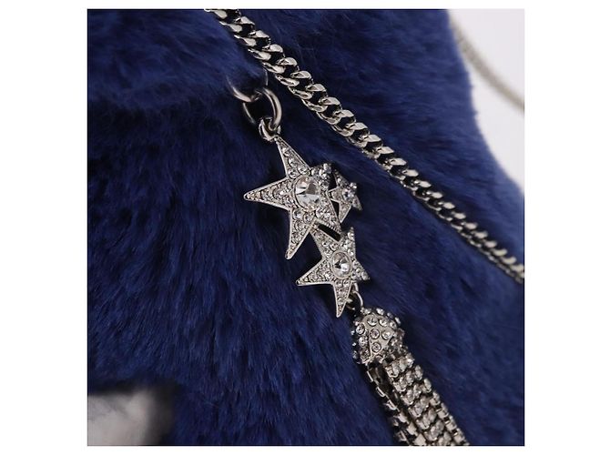 Jimmy Choo Chain Shoulder Phone Holder Acrylic Fur Blue Silver Auth 190265A Argento - vista 19