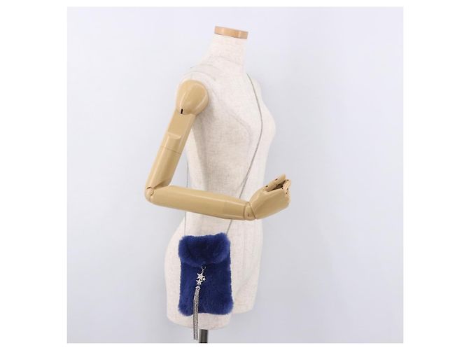 Jimmy Choo Chain Shoulder Phone Holder Acrylic Fur Blue Silver Auth 190265A Argento - vista 22