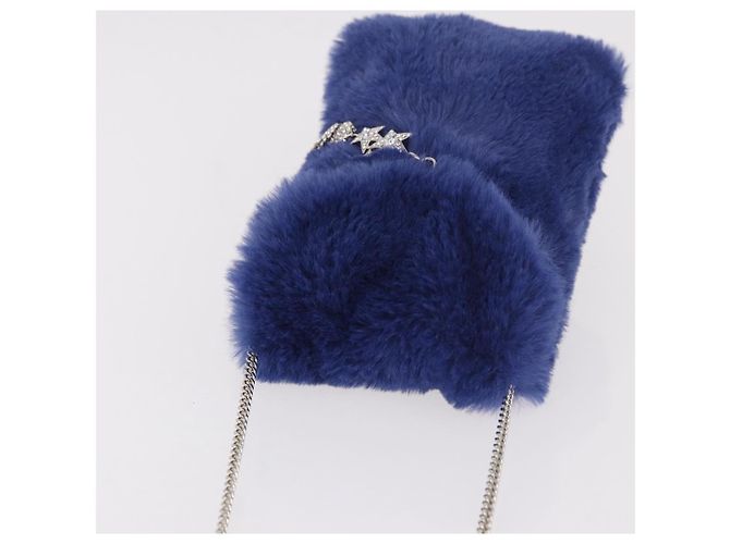 Jimmy Choo Chain Shoulder Phone Holder Acrylic Fur Blue Silver Auth 190265A Argento - vista 6