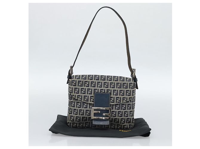 FENDI Zucchino Canvas Mamma Baguette Borsa a Spalla Navy Silver Auth 189693V Argento Blu navy - vista 12