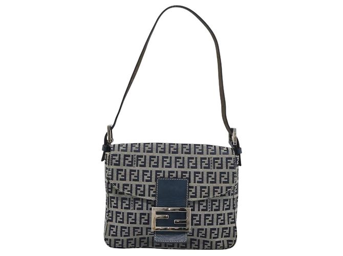FENDI Zucchino Canvas Mamma Baguette Borsa a Spalla Navy Silver Auth 189693V Argento Blu navy - vista 13