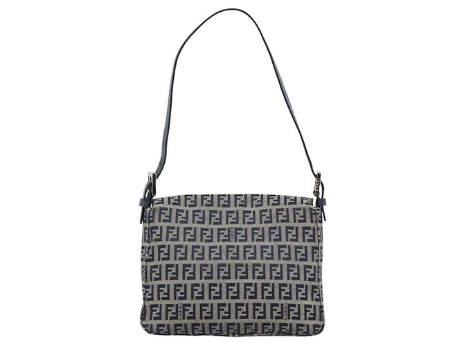 FENDI Zucchino Canvas Mamma Baguette Borsa a Spalla Navy Silver Auth 189693V Argento Blu navy - vista 2