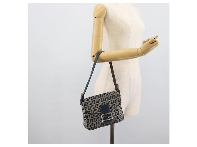 FENDI Zucchino Canvas Mamma Baguette Borsa a Spalla Navy Silver Auth 189693V Argento Blu navy - vista 23