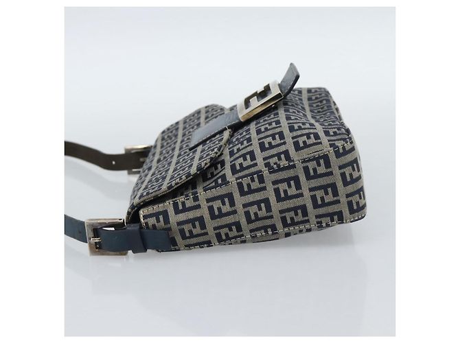 FENDI Zucchino Canvas Mamma Baguette Borsa a Spalla Navy Silver Auth 189693V Argento Blu navy - vista 3