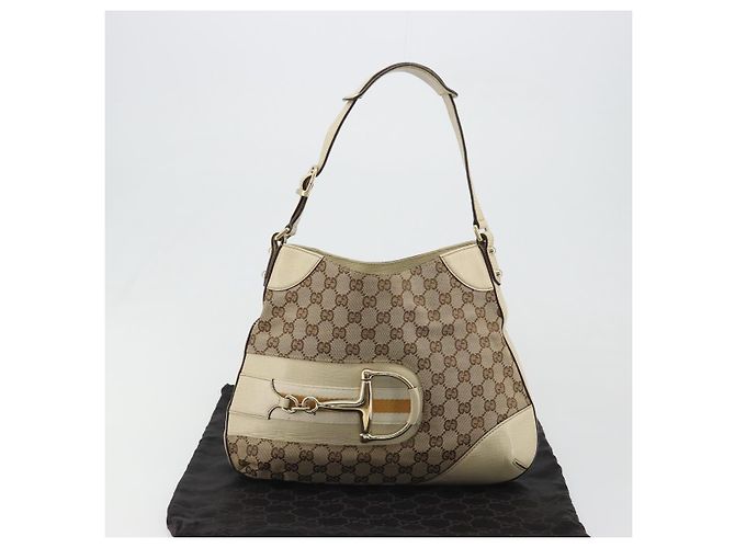 Borsa a Spalla GUCCI GG Canvas Horsebit Beige 137388 Auth 189146V D'oro - vista 12
