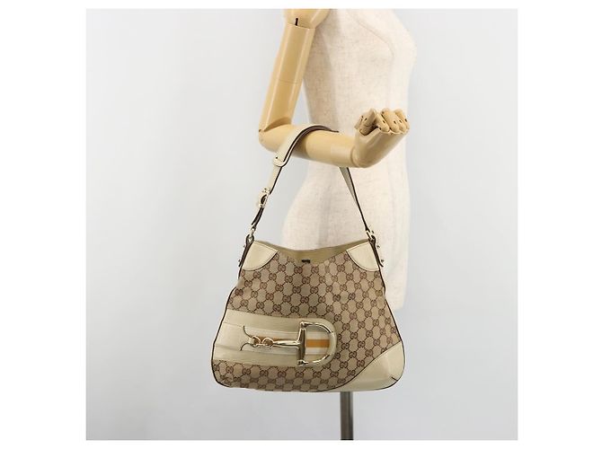 Borsa a Spalla GUCCI GG Canvas Horsebit Beige 137388 Auth 189146V D'oro - vista 23