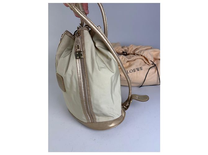 Vintage Loewe Canvas Rucksack Drawstring Cream Gold Beige - Ansicht 10