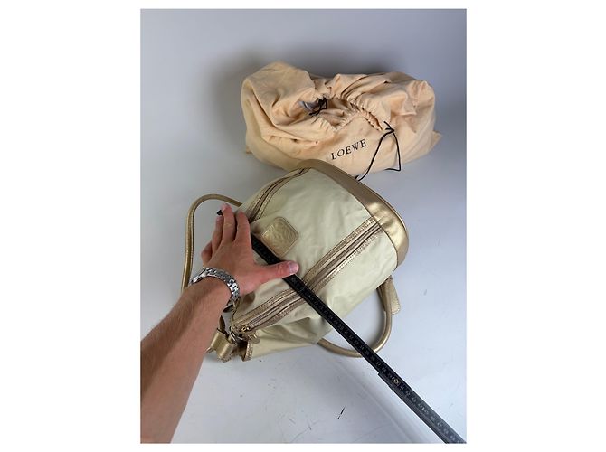 Vintage Loewe Canvas Rucksack Drawstring Cream Gold Beige - Ansicht 11