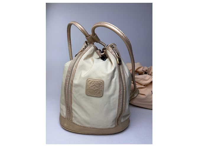 Vintage Loewe Canvas Rucksack Drawstring Cream Gold Beige - Ansicht 13