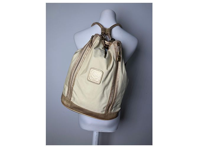 Vintage Loewe Canvas Rucksack Drawstring Cream Gold Beige - Ansicht 15