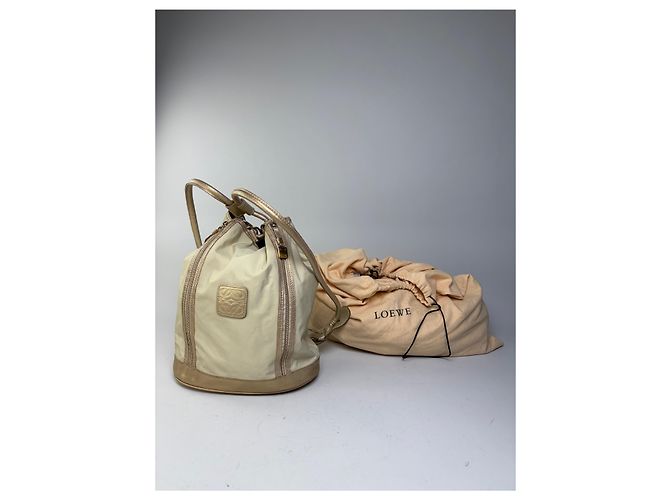 Vintage Loewe Canvas Rucksack Drawstring Cream Gold Beige - Ansicht 2