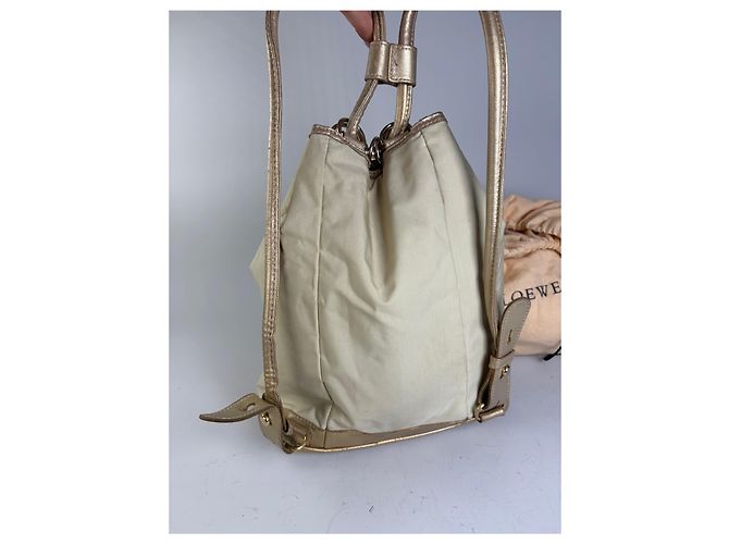 Vintage Loewe Canvas Rucksack Drawstring Cream Gold Beige - Ansicht 3