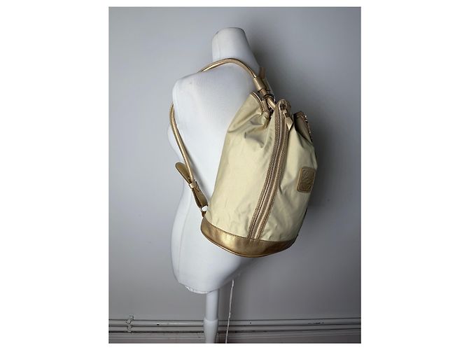 Vintage Loewe Canvas Rucksack Drawstring Cream Gold Beige - Ansicht 6
