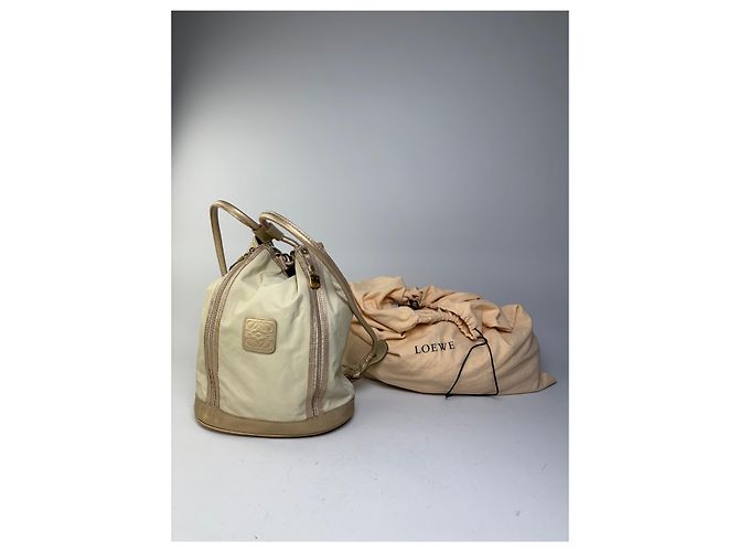 Vintage Loewe Canvas Rucksack Drawstring Cream Gold Beige - Ansicht 7