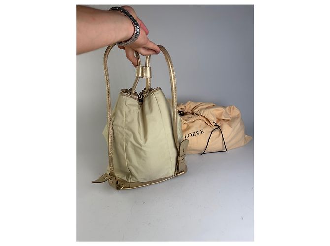 Vintage Loewe Canvas Rucksack Drawstring Cream Gold Beige - Ansicht 9