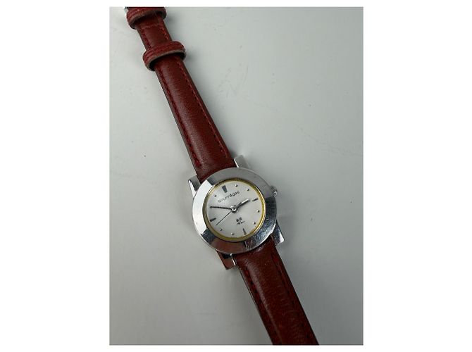 Vintage Courreges Armbanduhr mit Lederarmband Rot Grau Silber - Ansicht 2