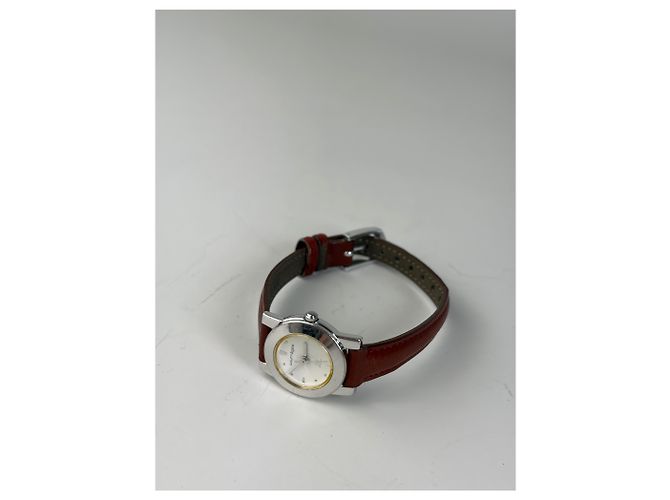 Vintage Courreges Armbanduhr mit Lederarmband Rot Grau Silber - Ansicht 3