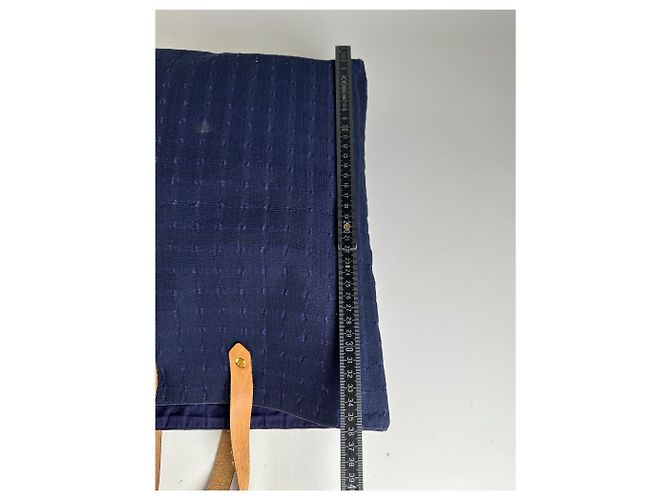Kelly Hermès Tote in cotone vintage Hermes blu navy con tracolle in pelle tan - vista 12