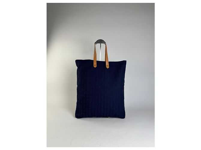 Kelly Hermès Tote in cotone vintage Hermes blu navy con tracolle in pelle tan - vista 14