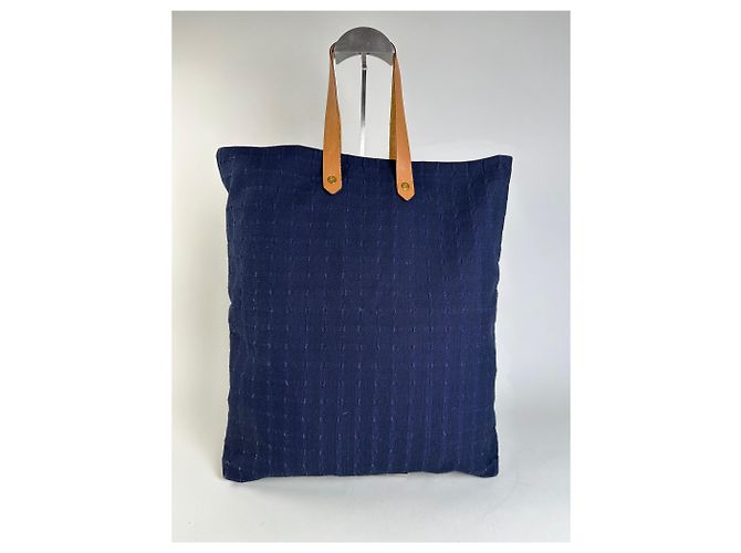 Kelly Hermès Tote in cotone vintage Hermes blu navy con tracolle in pelle tan - vista 2