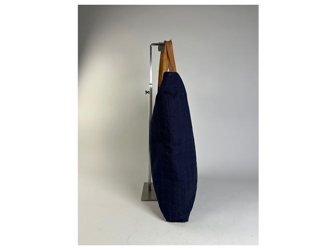 Kelly Hermès Tote in cotone vintage Hermes blu navy con tracolle in pelle tan - vista 7