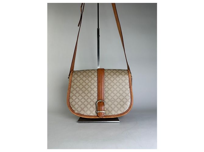 Céline Borsa a Spalla Vintage Celine Macadam Canvas Beige Marrone Oro - vista 14