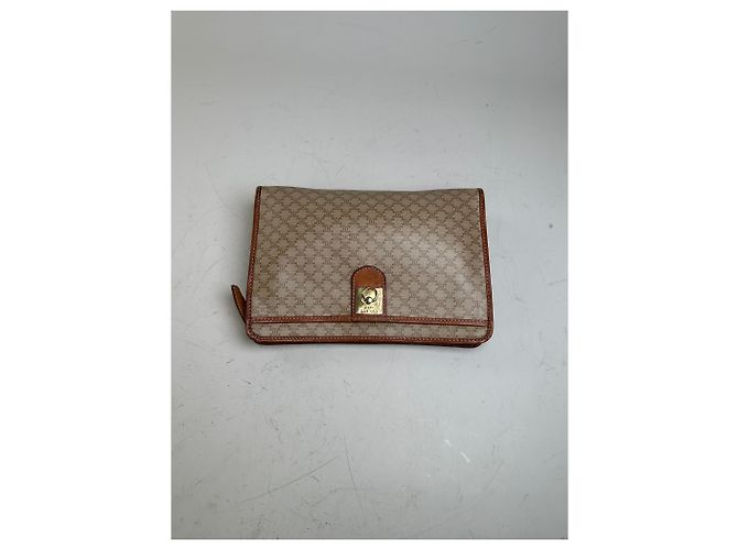 Céline Clutch Vintage Celine Monogram Canvas Beige Tan Oro - vista 4