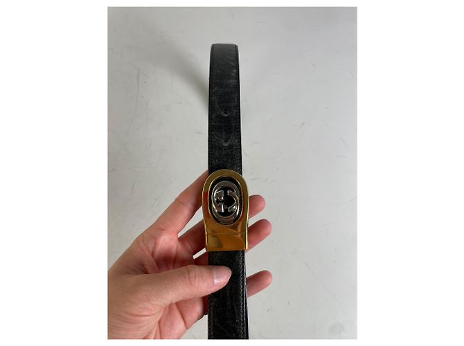 Vintage Gucci Interlocking G Ledergürtel Schwarz Gold - Ansicht 3