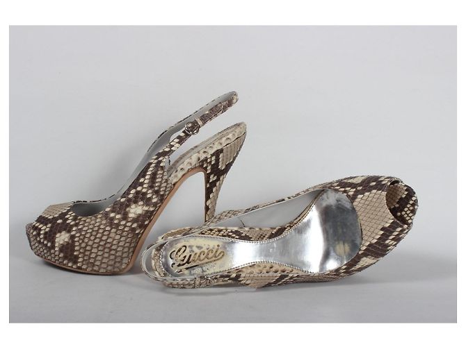 Gucci Python Leather Slingback Peep-Toe Platform Heels Brown White Python print - view 13