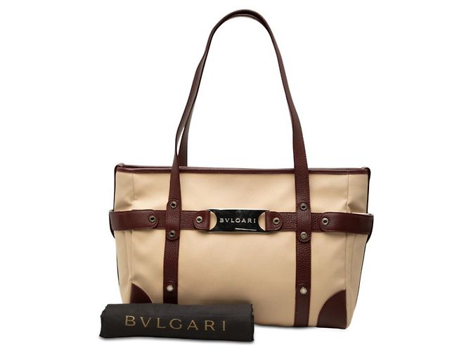 Bulgari Bvlgari Canvas und Leder Tote Bag Rot Beige Bordeaux - Ansicht 7